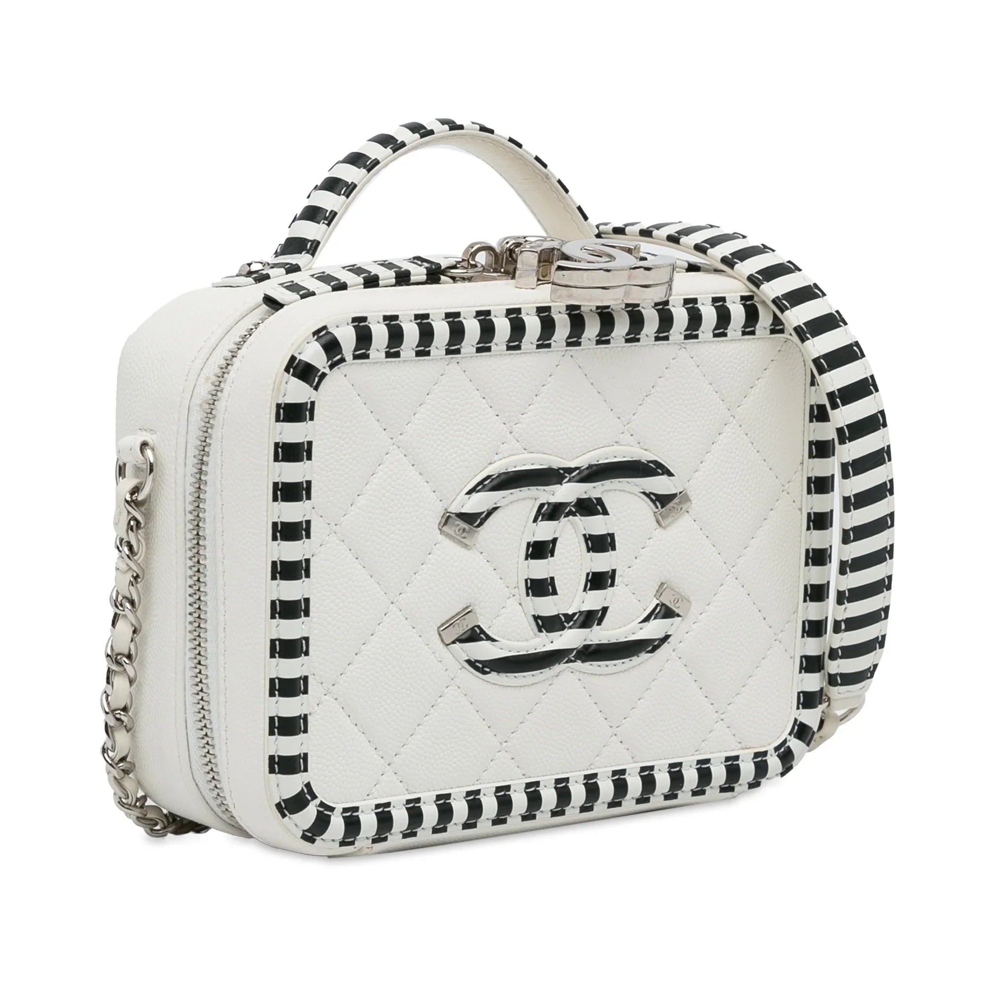 Pre-Owned Caviar Bag Small CC White Leather Vanity Unisex (Like Authenticated Filigree Chanel New)