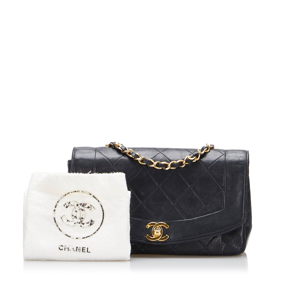 Pre-Owned Lambskin Unisex Authenticated Flap Chanel Diana Crossbody Small (Good) Black Leather Bag