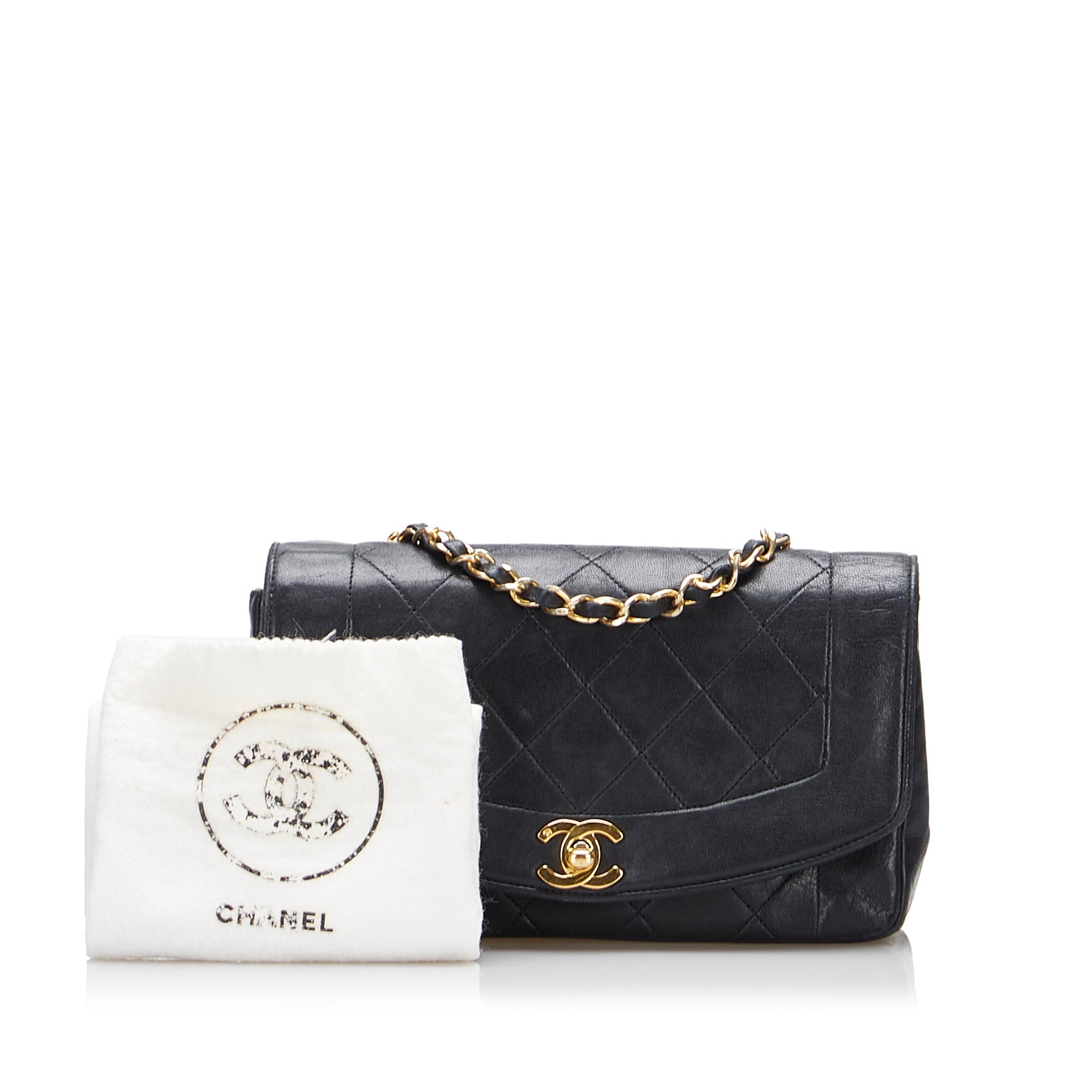 Pre-Owned Lambskin Unisex Authenticated Flap Chanel Diana Crossbody Small (Good) Black Leather Bag