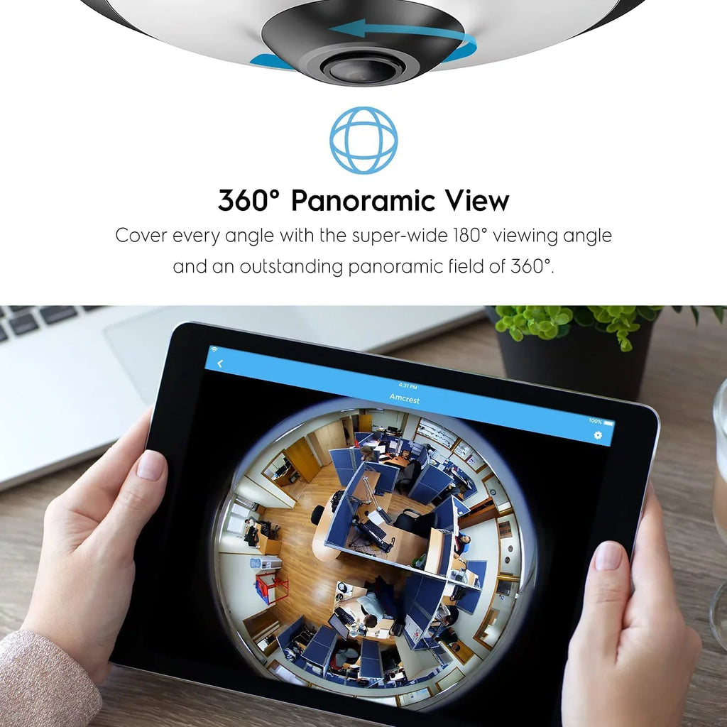 UltraHD Amcrest IP5M-F1180EW MicroSD 33ft (White) Indoor, Lens, PoE 360° 5-Megapixel Cloud Nightvision, Recording, Panoramic Coverage, Camera Fisheye Camera, 1.4mm Security and Camera