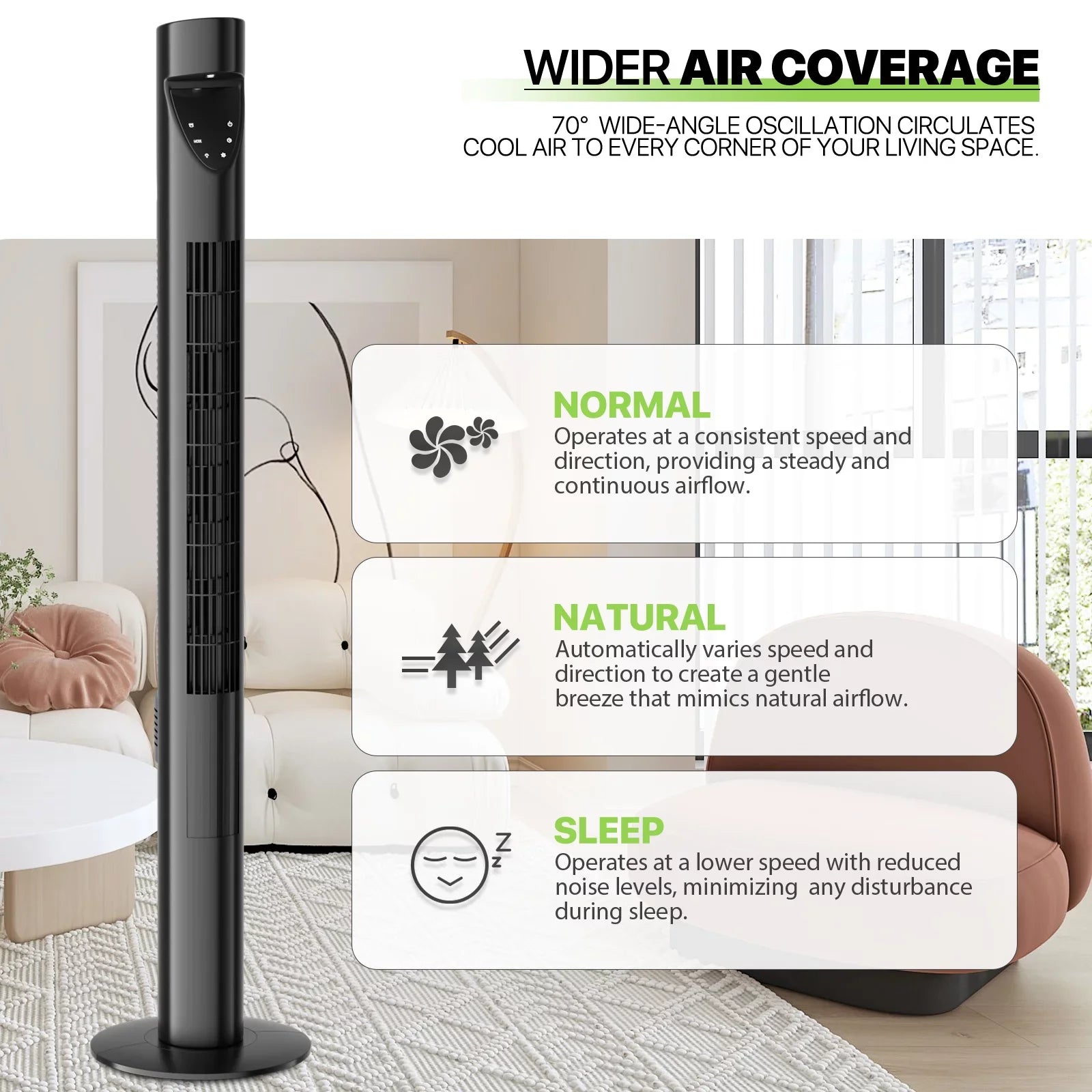 Noise LED Bladeless w/Remote 3-Speeds & 47"Oscillating Tower USA Fan Fan Low