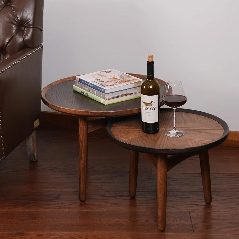 Bedroom, Room, & Coffee - Balcony Wood Table, Table with Standard for Oak Round Solid Side Living Solid Structure Hardwood Feet Table CONSDAN Nesting