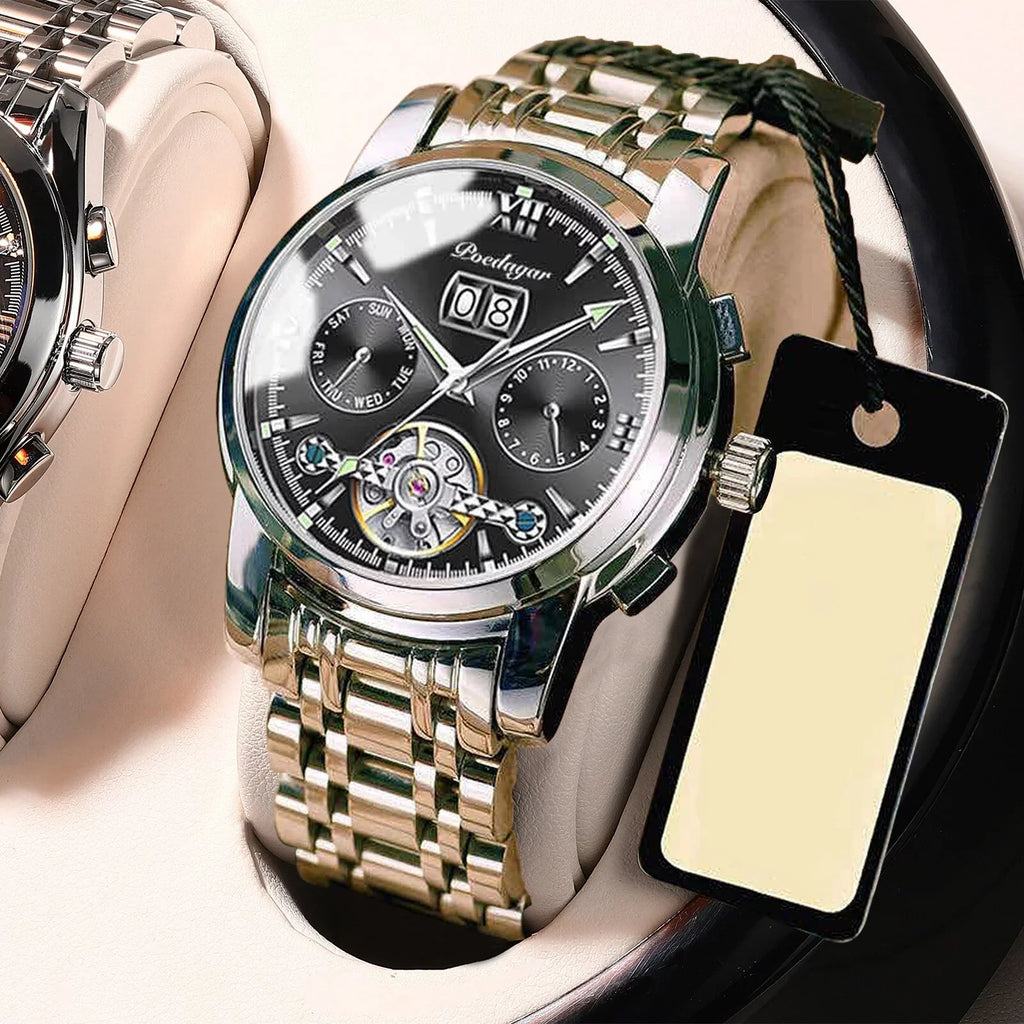 New Wristwatch Men Genuine Sports Mechanical Brand POEDAGAR Clock Chronograph Automatic Top Men Leather Luxury Watches