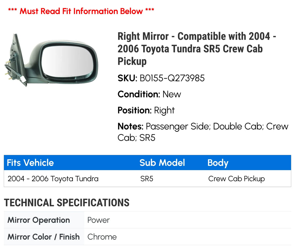 Compatible Cab 2006 Right - Crew Toyota 2005 Mirror Tundra with SR5 2004 Pickup -