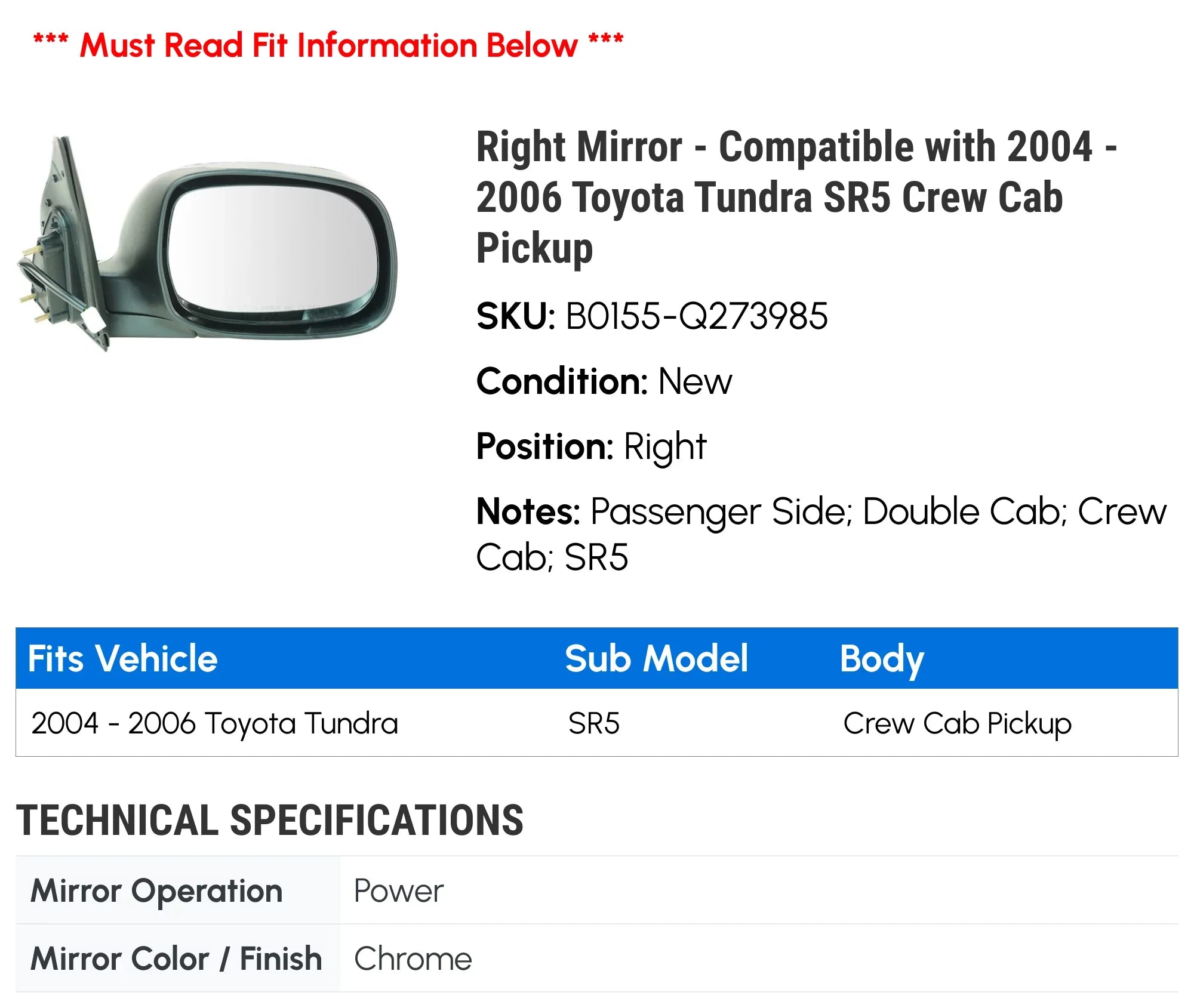 Compatible Cab 2006 Right - Crew Toyota 2005 Mirror Tundra with SR5 2004 Pickup -