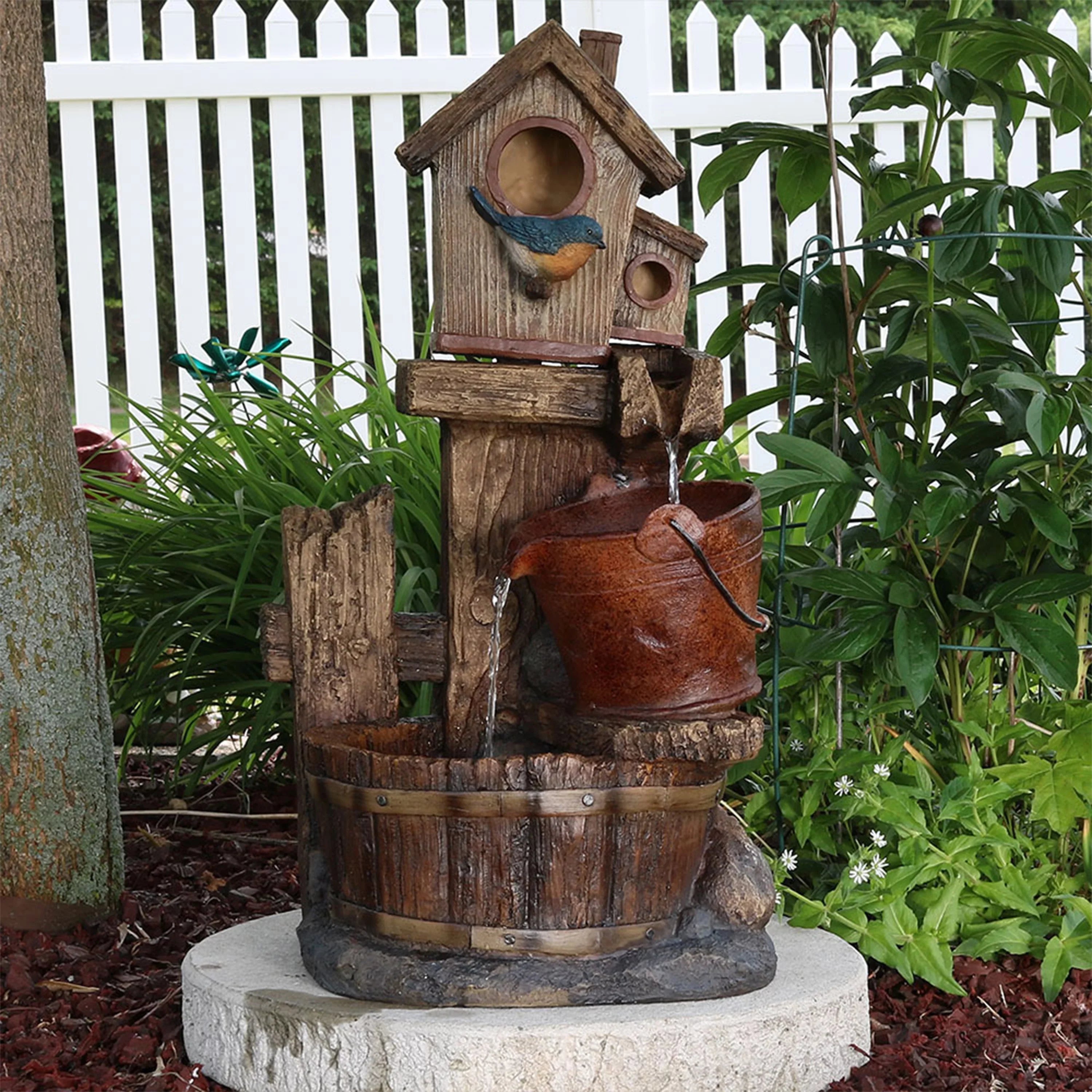'- and House 26" Sunnydaze Buckets Outdoor Bluebird Fountain