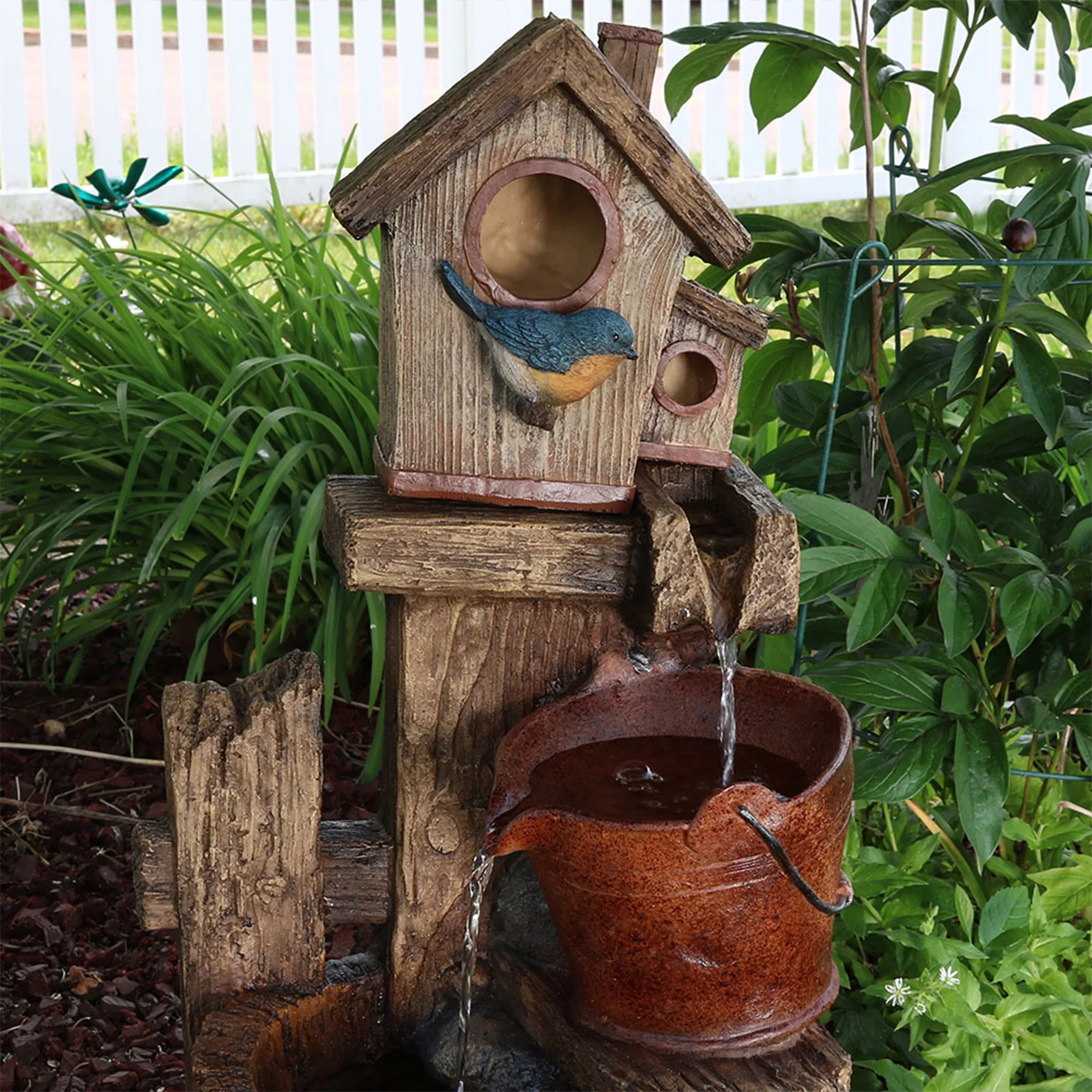 '- and House 26" Sunnydaze Buckets Outdoor Bluebird Fountain
