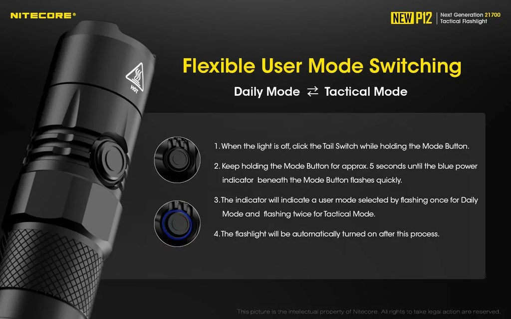 Wall Flashlight Version Cord, Pressure RSW3 New P12 Switch, Lumens - USB Mount, Offset 1200 Nitecore LED and w/NL2150HPR Adapter 3Amp Battery,
