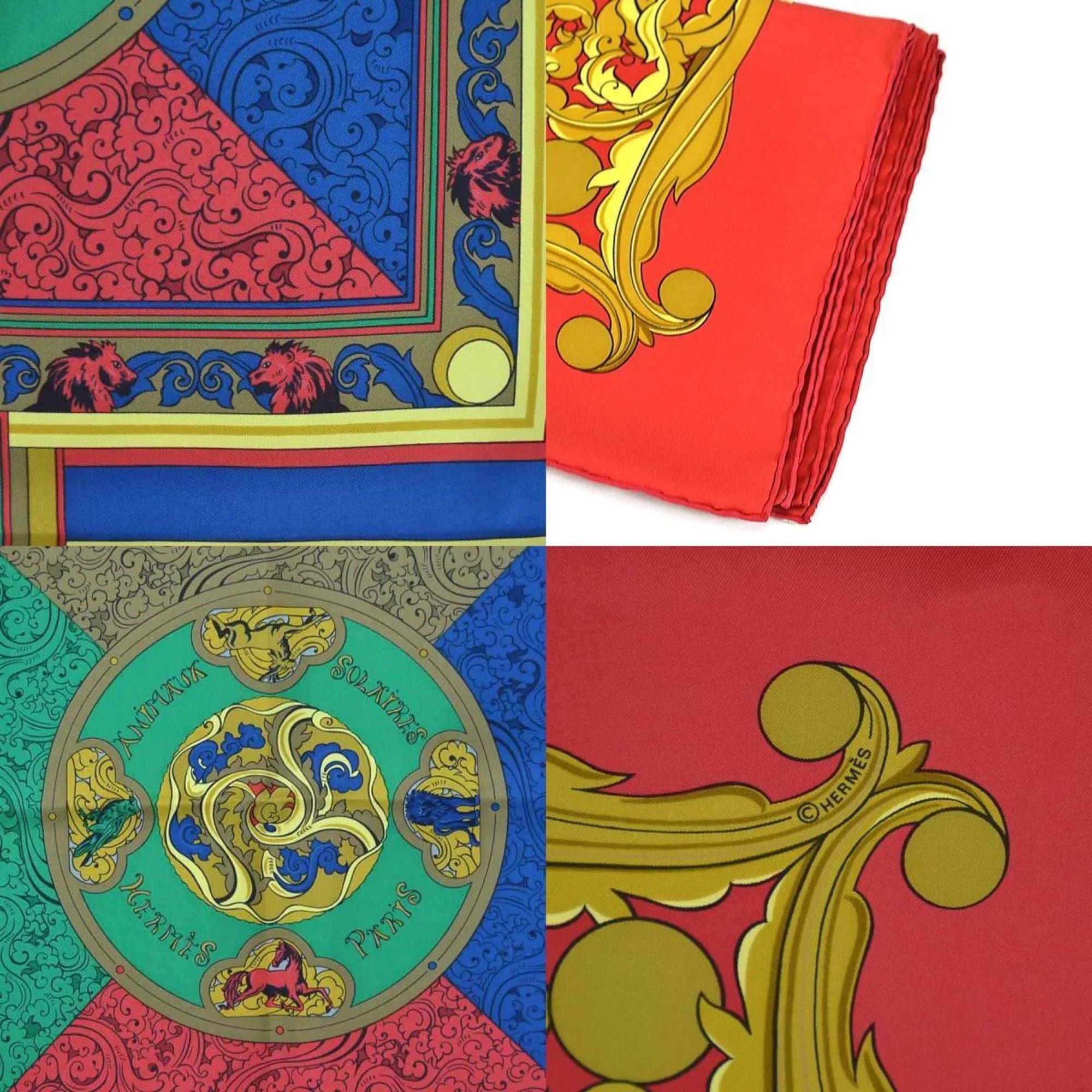Red/Multicolor ANIMAUX Silk Pre-Owned Women's Carre 90 Hermes (Good) Scarf SOLAIRES HERMES