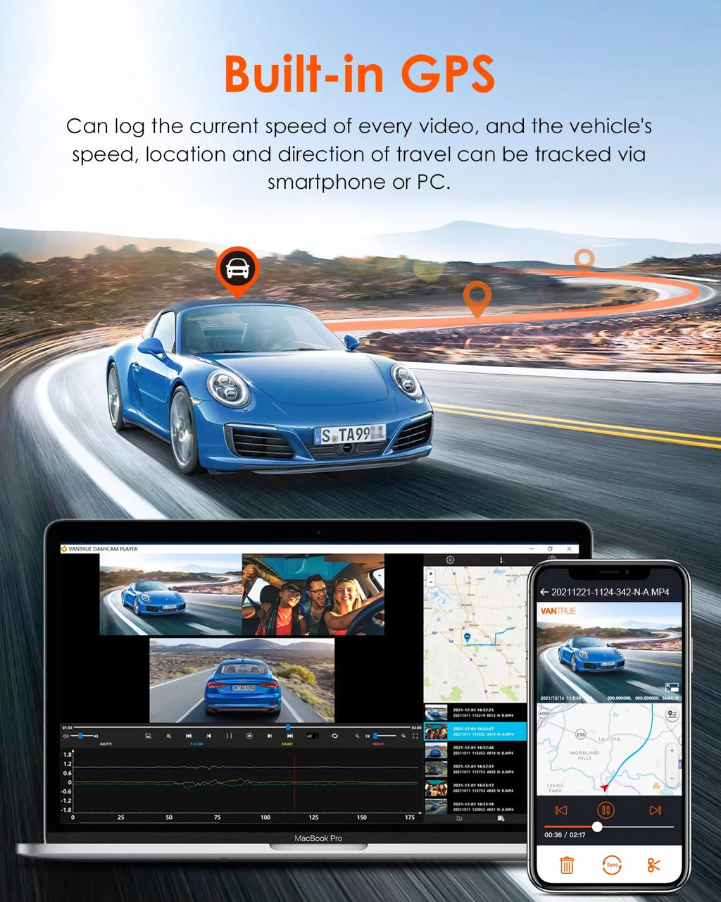 Screen Touchable IPS Monitor, 2K Cam, with Front+1080P 24h Channel 360° Car GPS Vantrue Interior Supercapacitor Dash Wide WiFi 30FPS built Rear 3 Camera in, inch Nearly +1080P S2 3 Angle, Parking