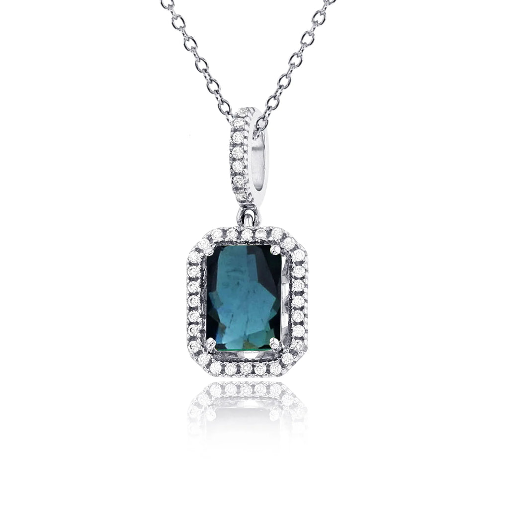 EC Diamonds Rnd Blue 18"Necklace 7x5mm Silver Cr 0.10 Rhodium CTTW Sapphire & Halo Sterling Cush