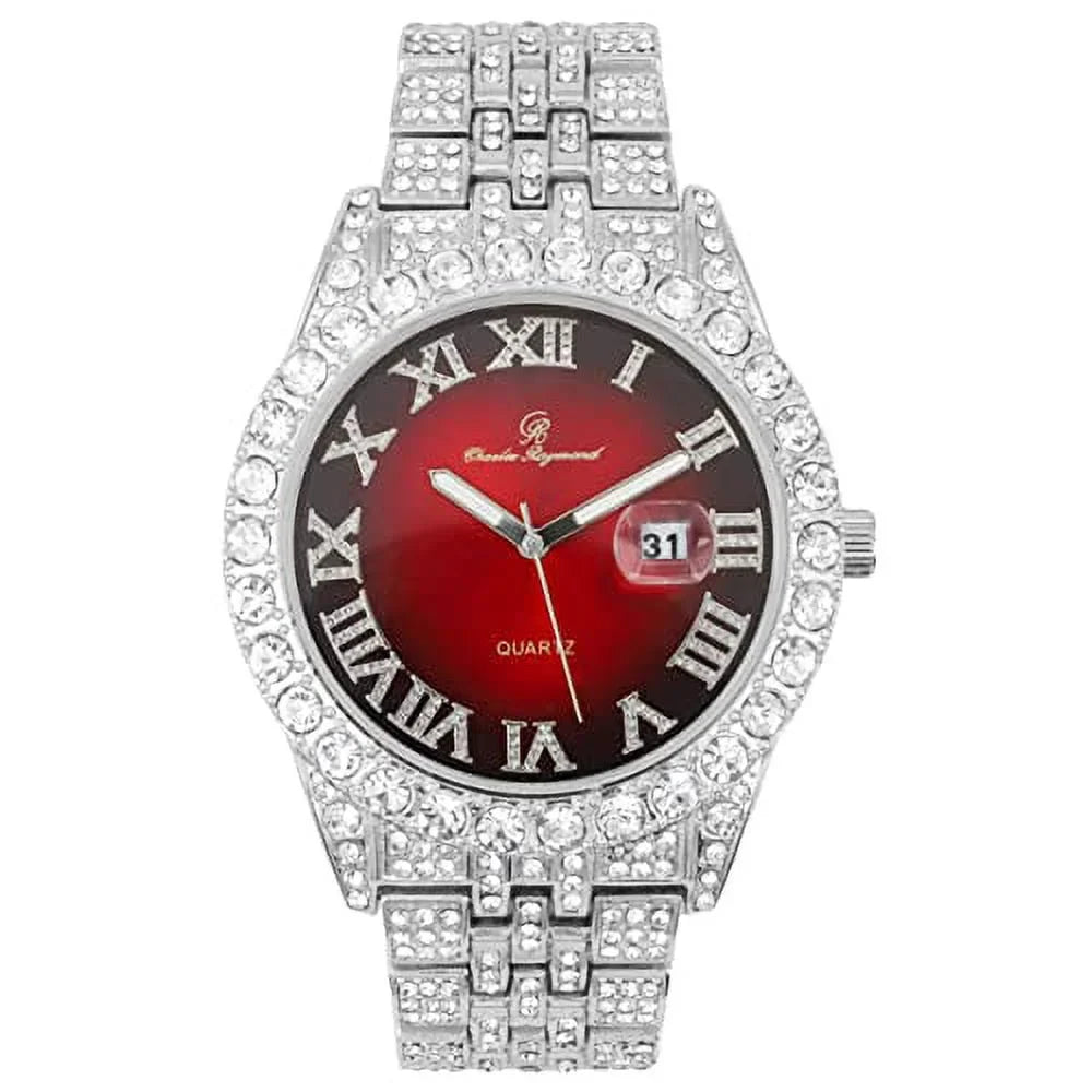 Date Hip Fully Read w/Easy ST0226RND Big RED Cuban Blinged Hop Dials- Rocks - Silver w/Roman Watch Out Numerals Raymond Timepiece Iced Mens Designer Colorful Out and Charles