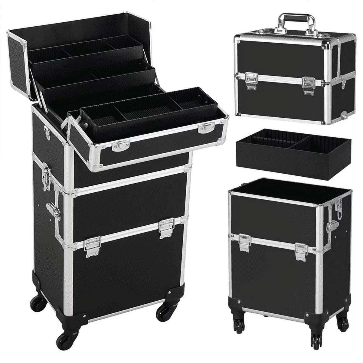 Rolling Makeup Professional 3-in-1 Easyfashion Case, Black Cosmetic