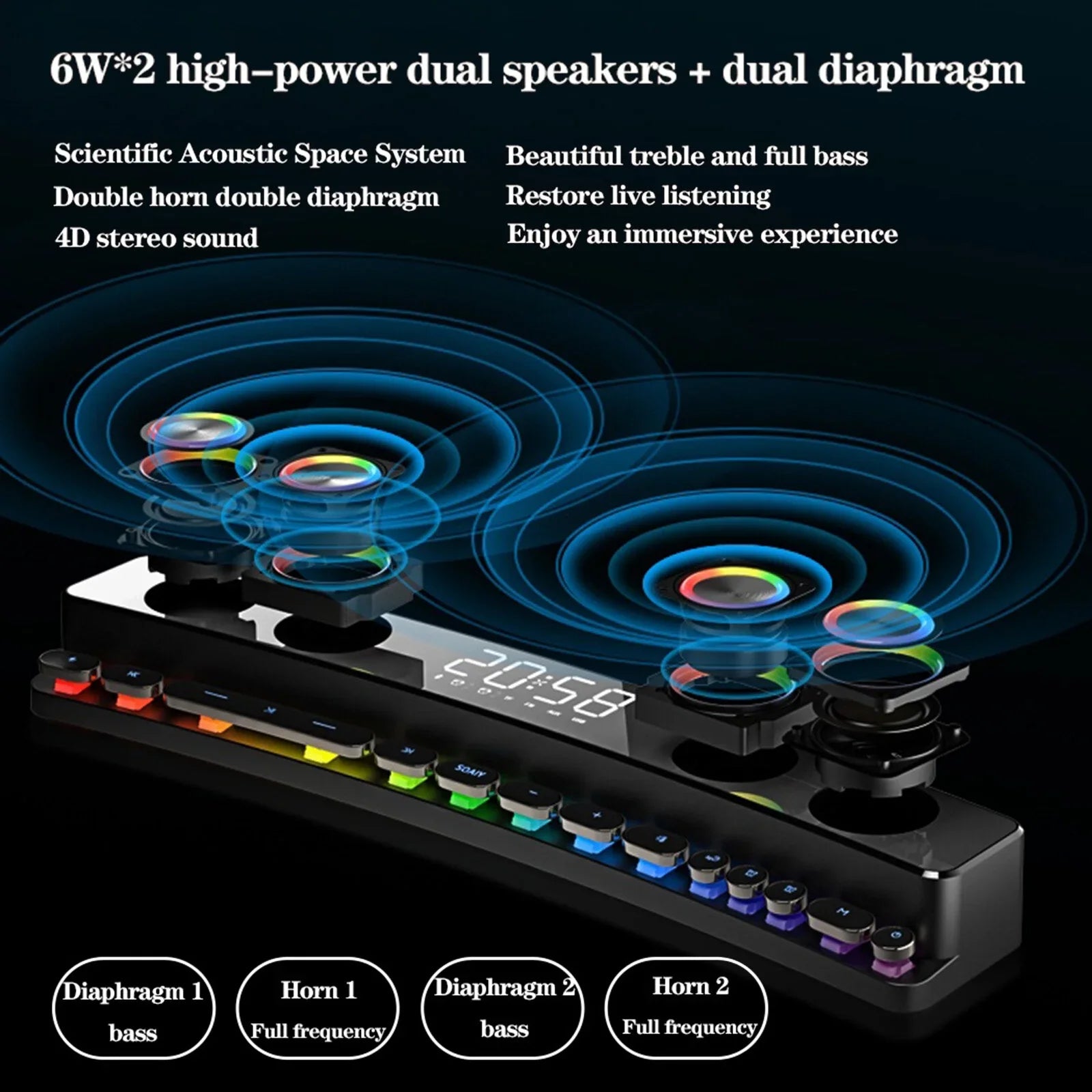 Laptop Audio Box Surround Stereo Game 3.5mm PC Speaker Speaker Computer for Input Player MP3 HiFi Stereo 3600mAh Tablet Sound Smartphone Subwoofer Sound Bass BT Wireless Bar Music soaiy/SH39 Clock 3D