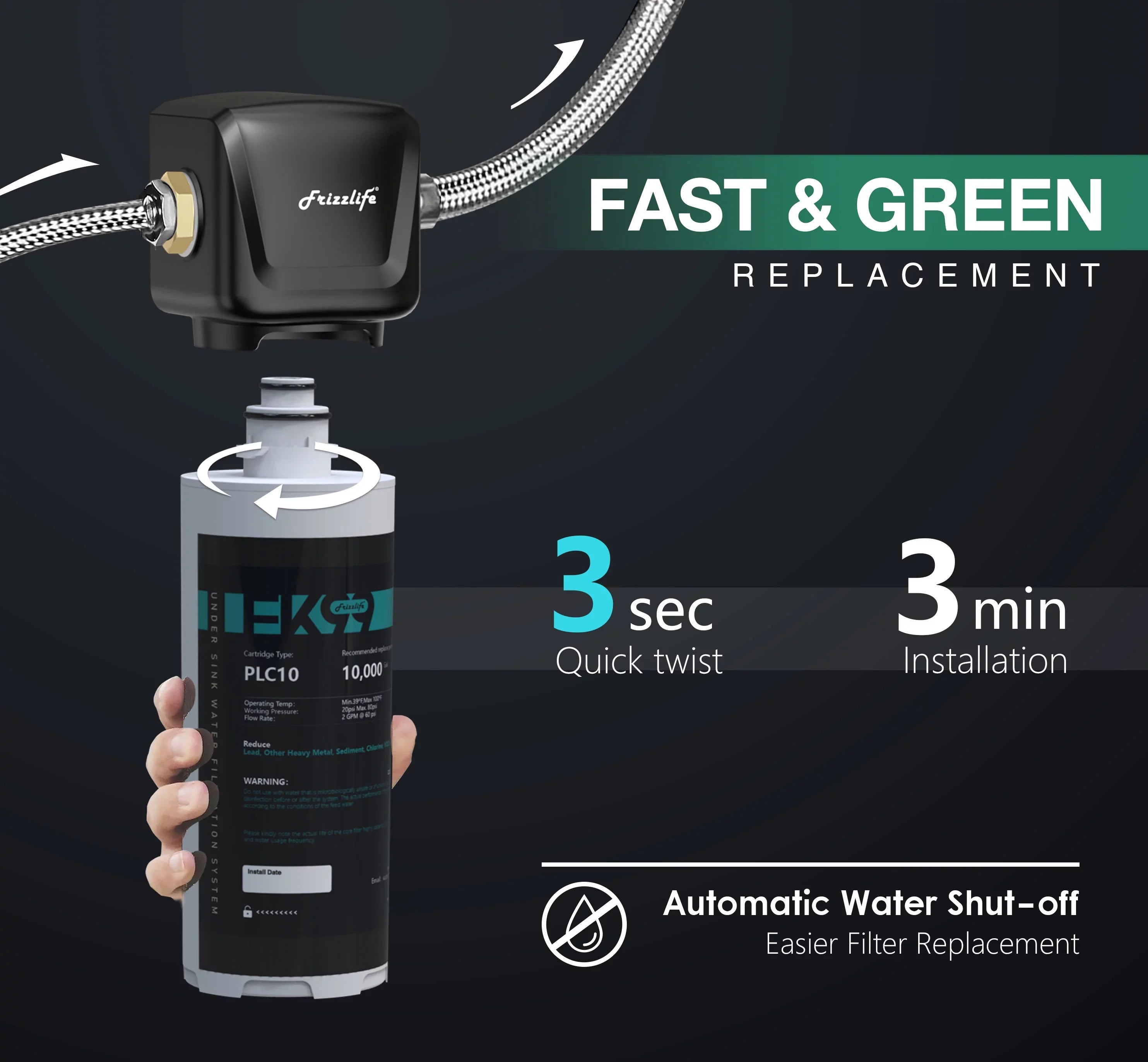 0.5 Taste&Odor,High Filter Remove Bad Chlorine, 99.99% System, Frizzlife Under Capacity Sink Lead, Micron, Water FK99