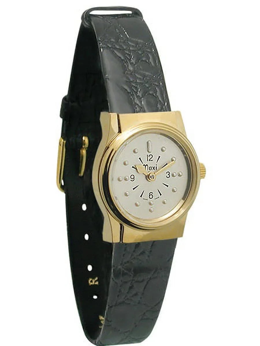 Tone with Braille Ladies Quartz Watch Leather Band Gold