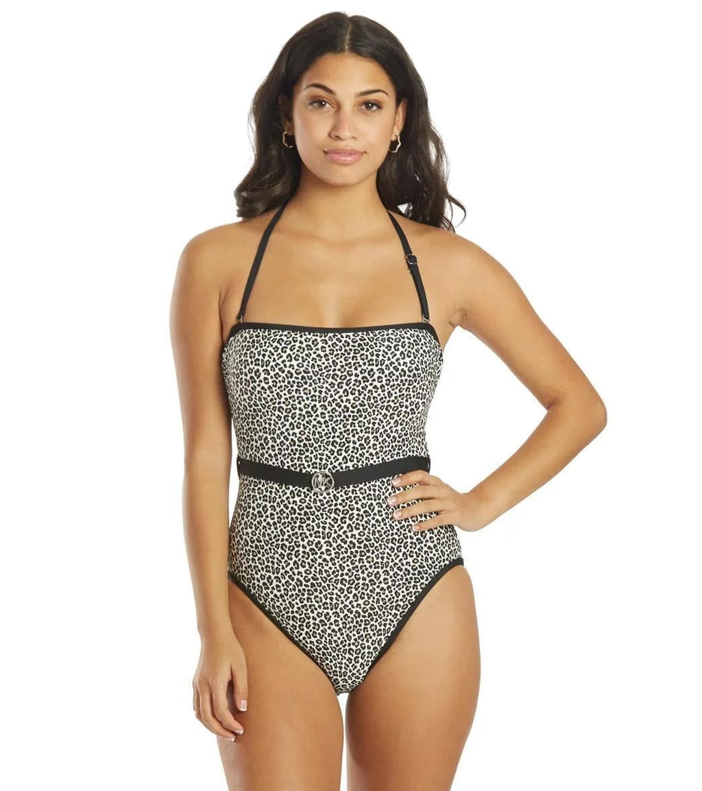 Piece One Belt Swimsuit Printed Size Bandeau Kors Logo 8 Women's Michael Black