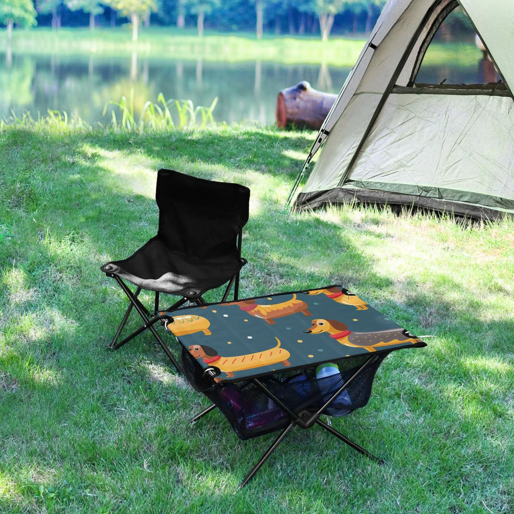Fishing Camping Table Compact Cartoon Travel Table Dogs Table Outdoor Beach with Storage Portable Picnic Dachshund for Folding BBQ Bag