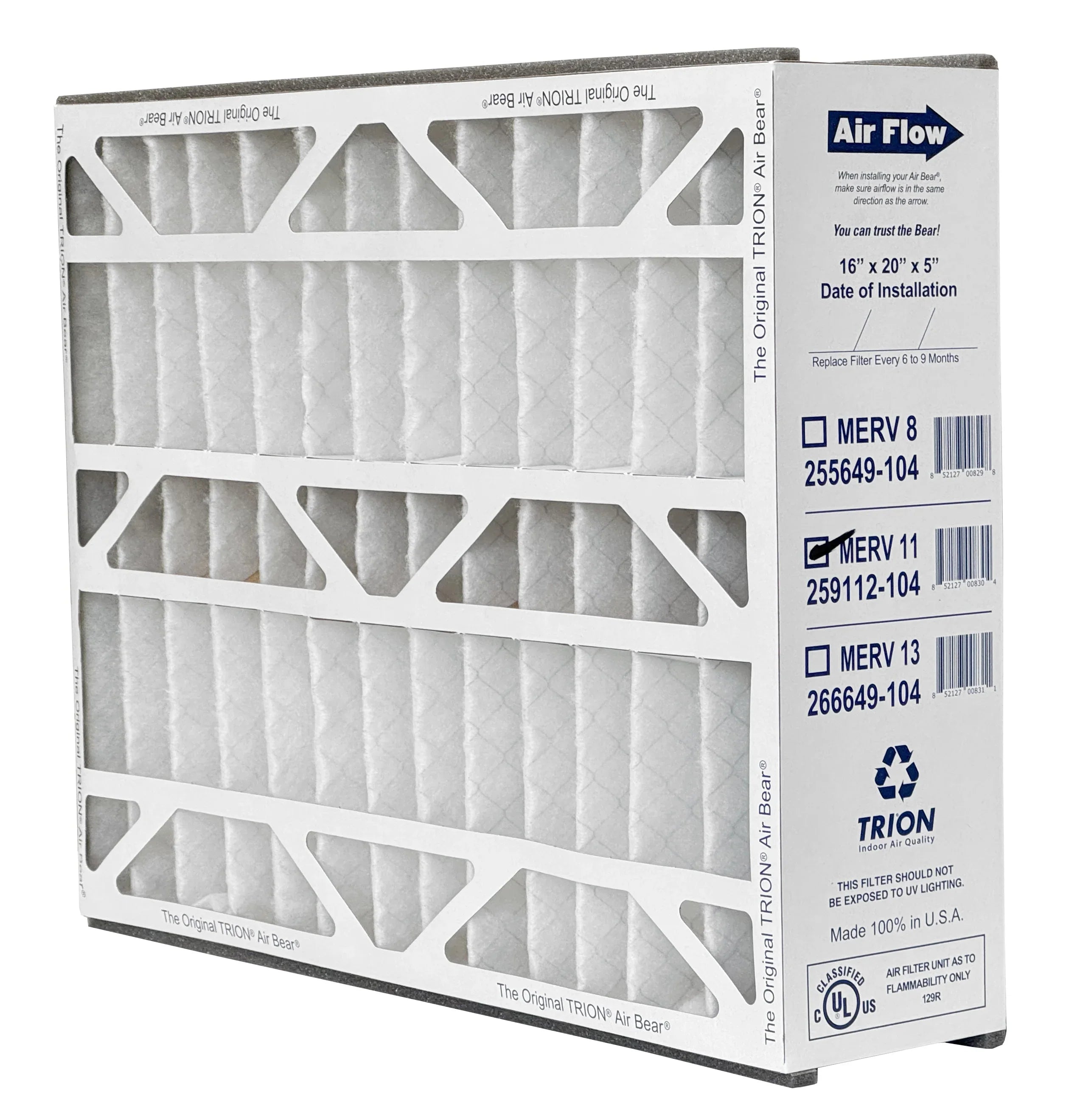 x Filter, MERV Air 16" Pleated Bear Trion 11 259112-104 x 5" - Air 20"