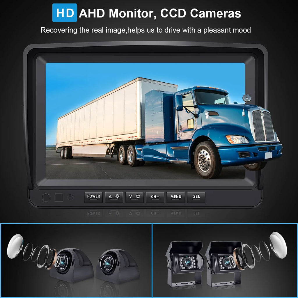 for Trailer Split 4 View Screens RV IP69 Side and Large A9 Backup Camera RV Backup HD eRapta Monitor, with camera Truck Camera Rear Waterproof Advanced DVR Record System 9’’ Car Quad Box Function