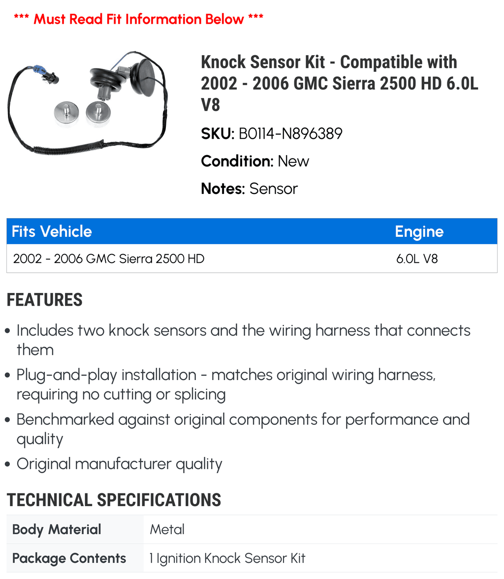 V8 HD Knock Kit 2500 Sierra - Sensor 2002 6.0L 2003 with GMC Compatible 2005 2006 - 2004