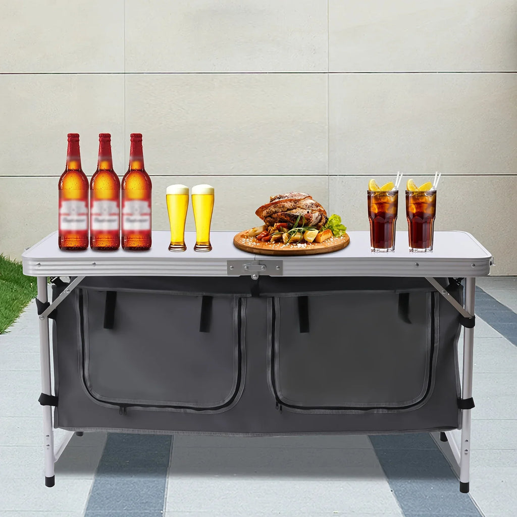 Adjustable BBQ Tailgating Backyards Compartment Table Height Table Indoor Perfect Camping Kitchen Outdoor Picnic Camp Lightweight Table with Folding Storage for