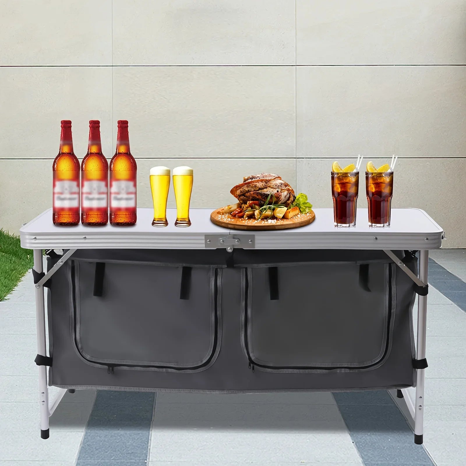 Adjustable BBQ Tailgating Backyards Compartment Table Height Table Indoor Perfect Camping Kitchen Outdoor Picnic Camp Lightweight Table with Folding Storage for