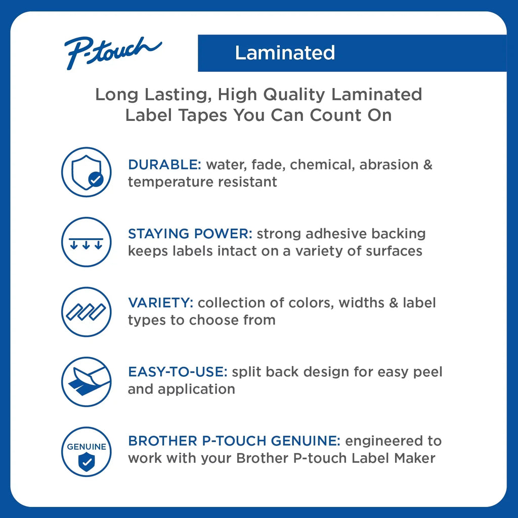 Tze on Labeling White, Standard 2/Pack 1/2"w, Tapes, Laminated Adhesive Brother Black P-touch