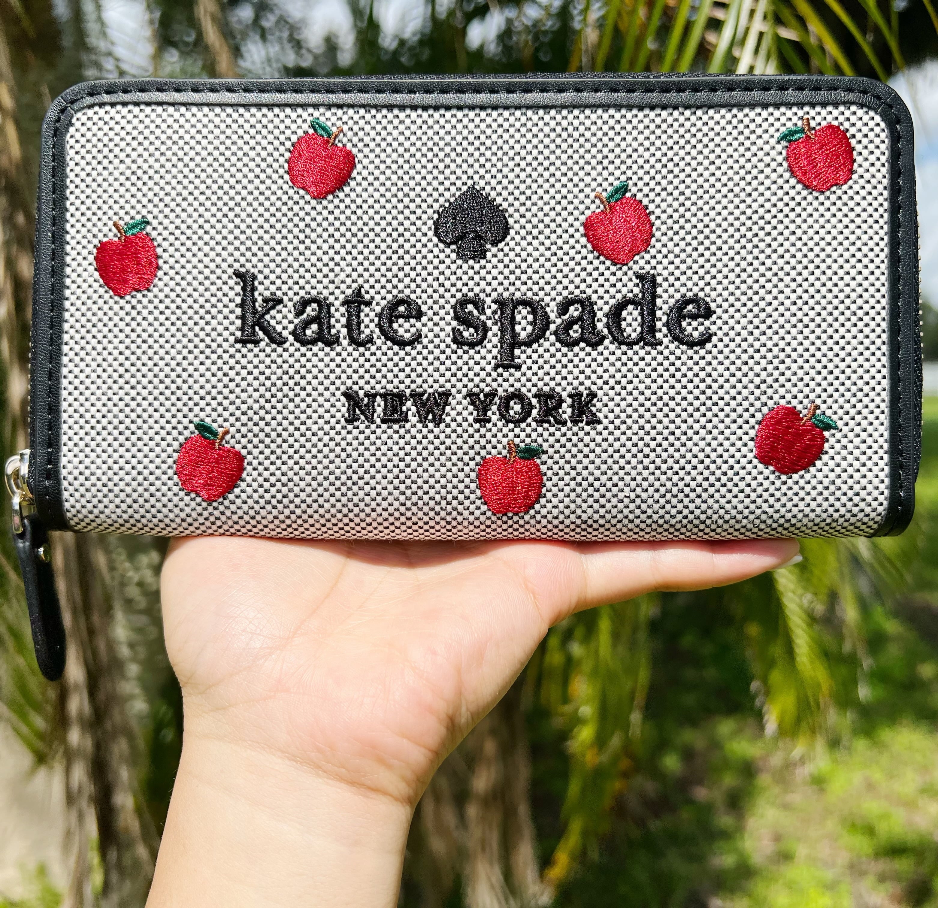 Embroidered Kate Multi Toss Apple Spade Ella Black Zip Wallet Continental Large
