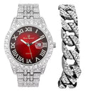 Date Hip Fully Read w/Easy ST0226RND Big RED Cuban Blinged Hop Dials- Rocks - Silver w/Roman Watch Out Numerals Raymond Timepiece Iced Mens Designer Colorful Out and Charles