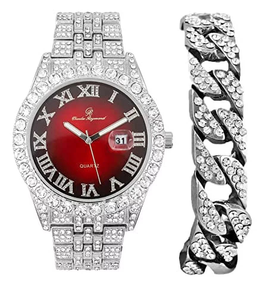 Date Hip Fully Read w/Easy ST0226RND Big RED Cuban Blinged Hop Dials- Rocks - Silver w/Roman Watch Out Numerals Raymond Timepiece Iced Mens Designer Colorful Out and Charles