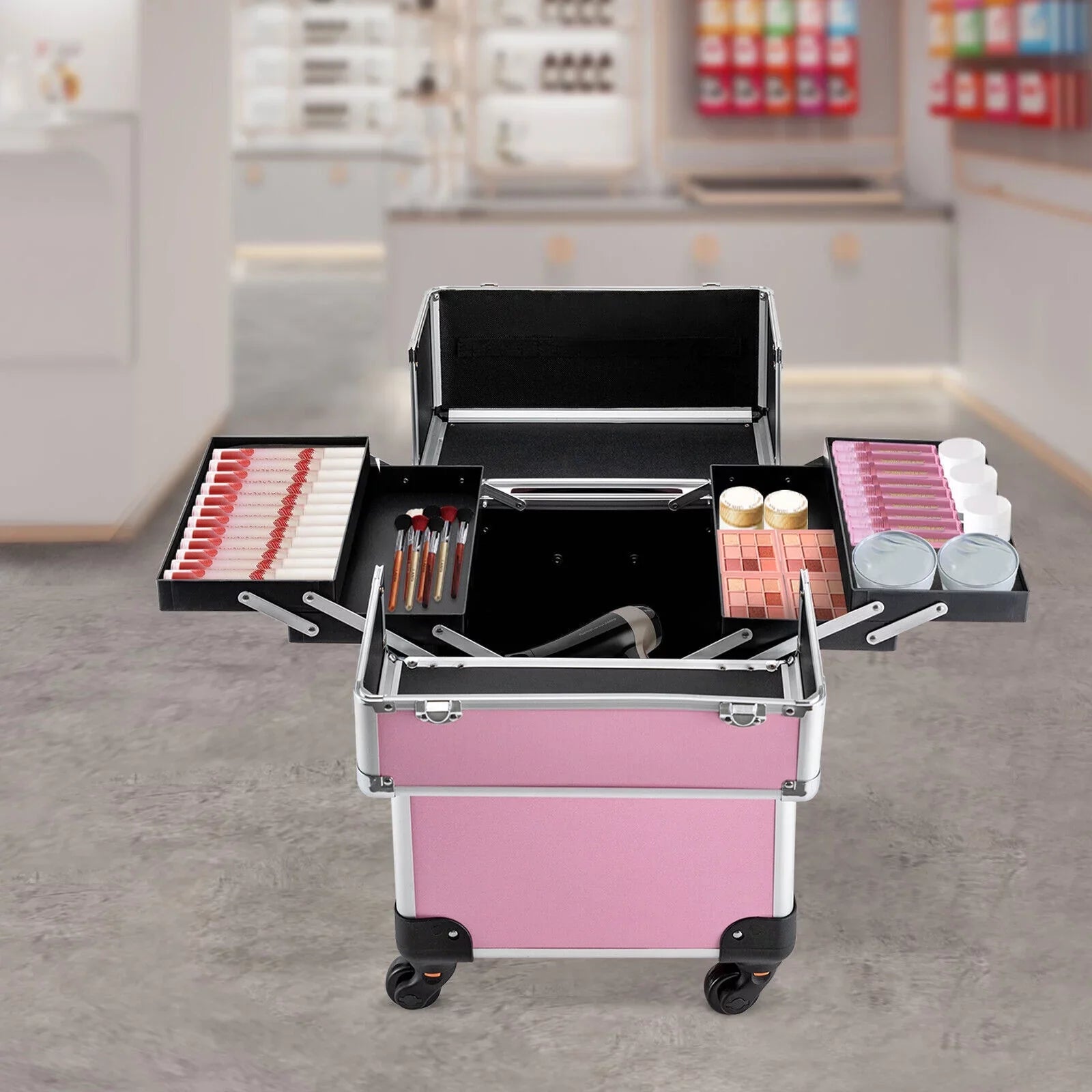 Makeup Cosmetic Trolley Large Adjustable Barber Organizer Miumaeov Personal Case Dividers for Travel Salon Care Cosmetic Professional Train Case Case Beauty Storage Rolling