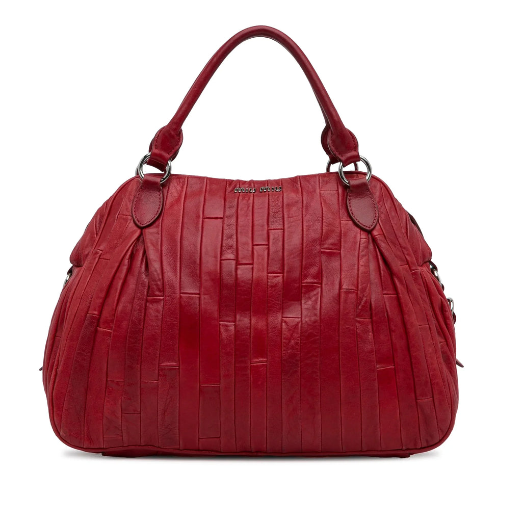 Leather Unisex Miu Bag Tote Miu Pre-Owned (Good) Quilted Authenticated Calf Red