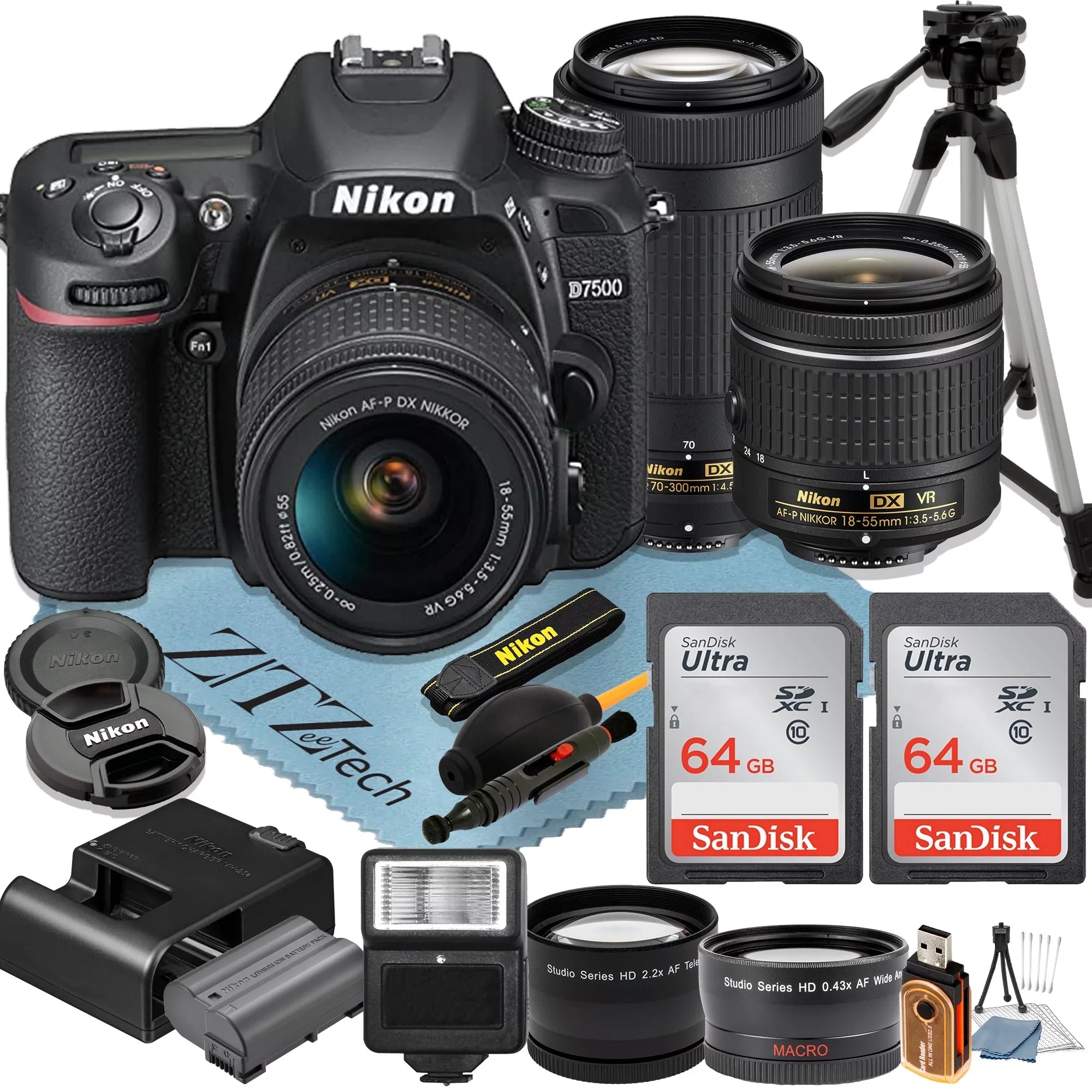 Camera + Wideangle 2 + SanDisk Lens Accessory Cards + + Memory Flash Bundle + Pcs 18-55mm 70-300mm 64GB + ZeeTech DSLR Tripod D7500 Nikon with