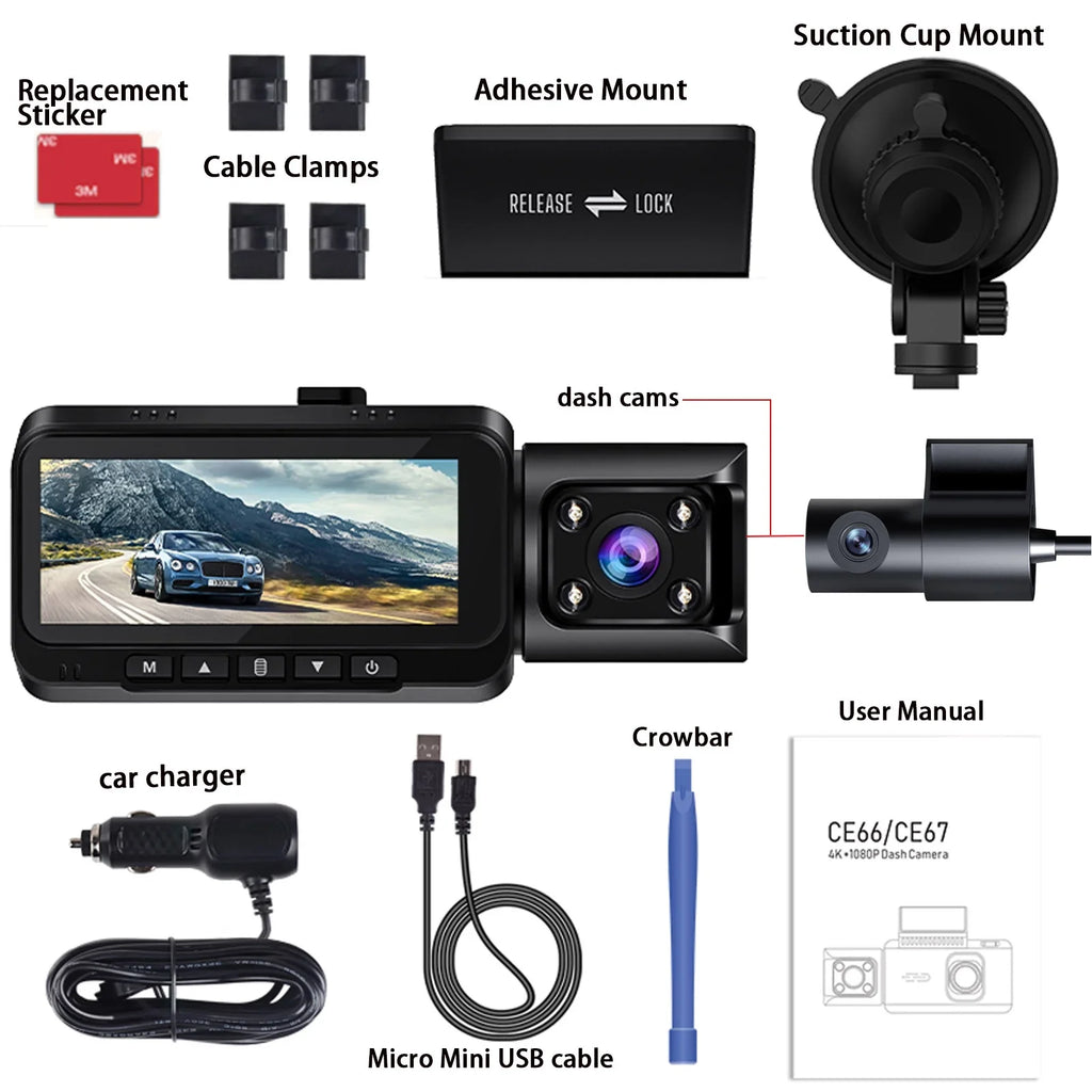 Loop with Rear Dash Rear Vision, Night and GPS, Inside Car Dash IR Parking Camera 3 Channel Front Cam Motion TOGUARD Camera Monitor, 4K Recording, G-sensor, Detection Front