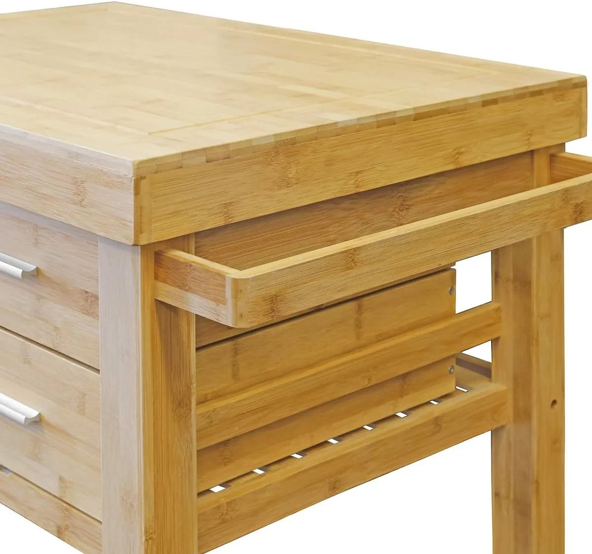 Shelves, Trolley Prepping Kitchen Cart Wood Locking Drawers Butcher On Food Bamboo Rolling Rack, With Cart Wheels, Island Casters, Block Towel