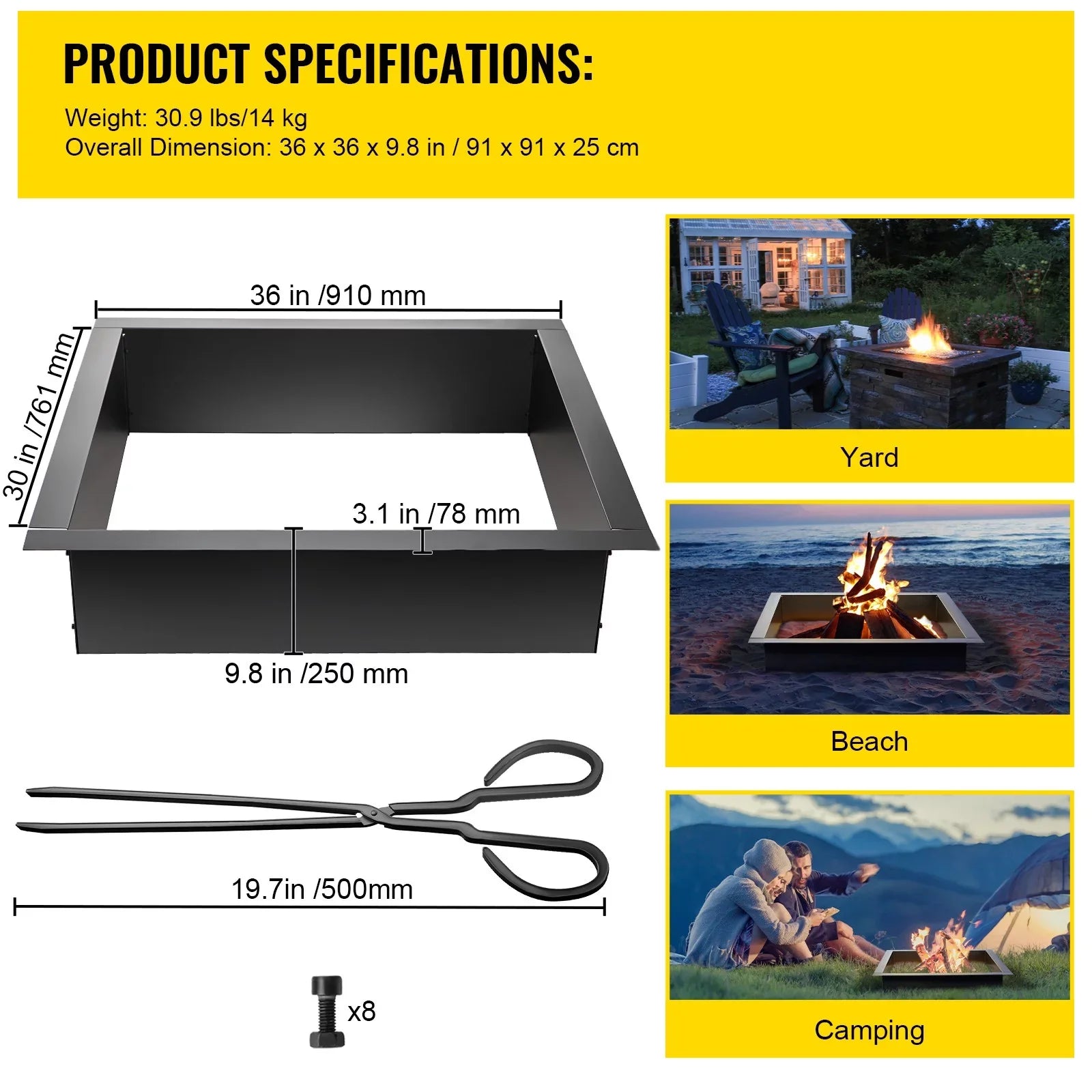 Steel DIY Insert BENTISM with 30" with Fire for Ring, Fire Liner Ring, Insert, Fire Square Simple Installation Duty Tongs Backyard Outdoor, Pit Pit Bonfire Heavy Patio,