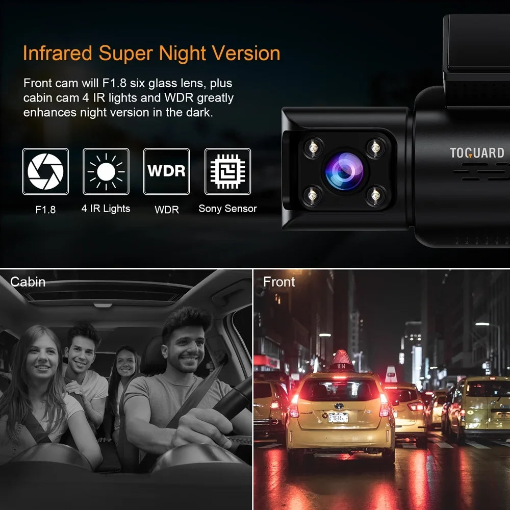 Loop with Rear Dash Rear Vision, Night and GPS, Inside Car Dash IR Parking Camera 3 Channel Front Cam Motion TOGUARD Camera Monitor, 4K Recording, G-sensor, Detection Front