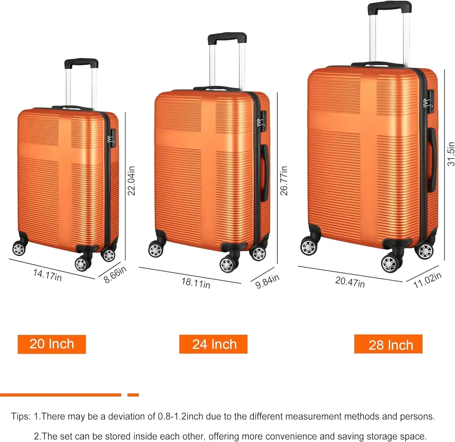 Luggage Wheels,Orange for Suitcase Set Orange(20in/24in/28in) Piece, Sets with Hardside with Women Sets Spinner 3 TSA Lock Luggage