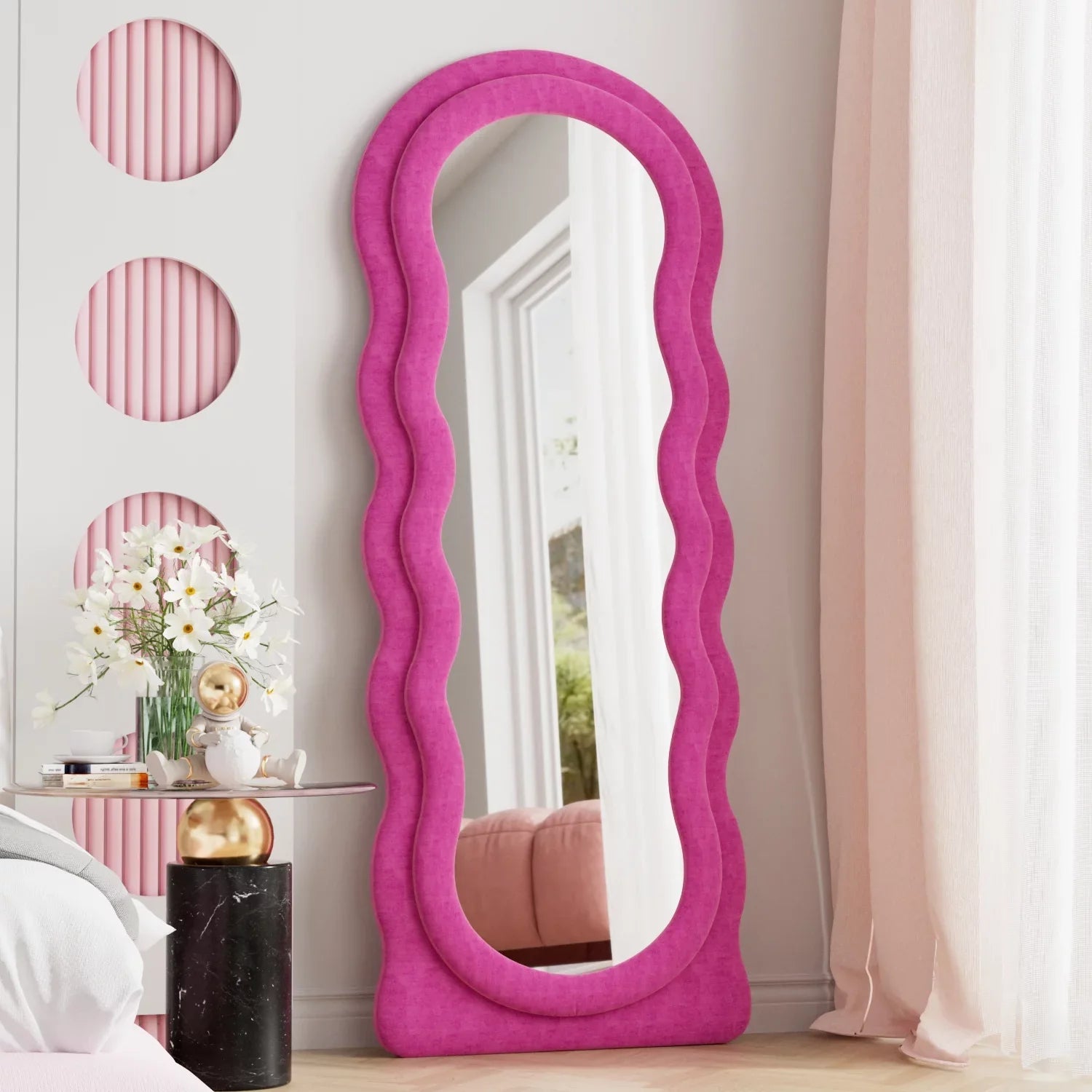 Wavy Mirror Wall Bedroom Mirror 63"x24" Stand, for Mounted with Full Floor Freestanding (Pink) Length Mirror, VLUSH