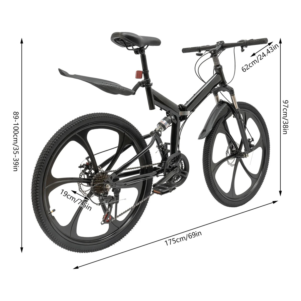 26" Mountain & Double Height Frame Steel Women for 21-Speed Disc Adjustable Bicycle Shifter Men Bike, Brake Black Folding City