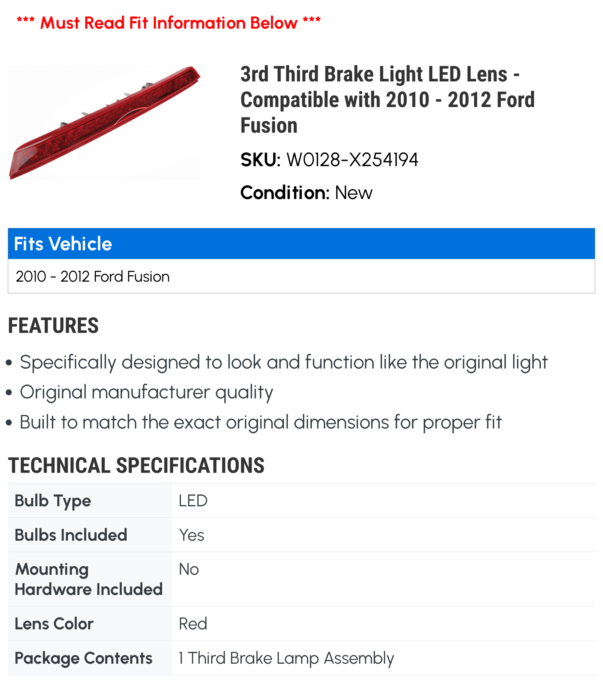 Brake Ford 3rd LED - Third Light with Compatible Fusion 2011 - 2010 2012 Lens