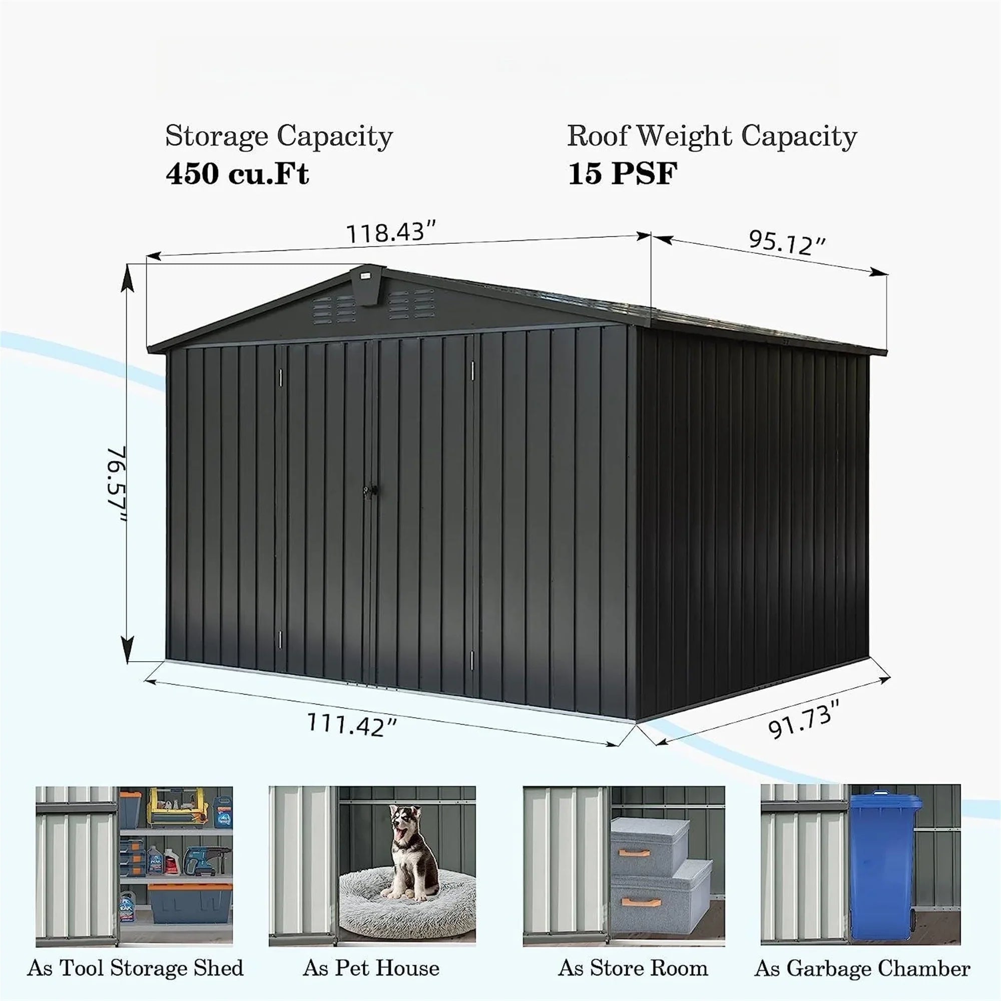 Shed Garden Storage Trash Black) 10'X Door Cabinet Lawn Steel for Backyard, Outdoor Outdoor Storage Can, Tools, with Galvanized Patio, (10X8ft, Homiyad Shed for Lockable 8', Bike, Metal