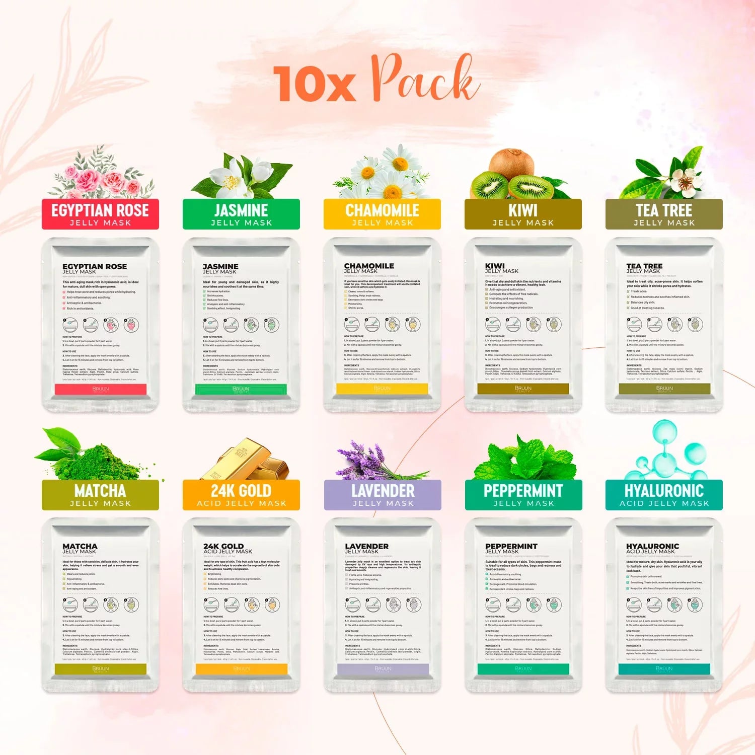 Mask Peppermint, "Rubber Egyptian Jelly Treatments tree, Rose, Peel-Off Matcha, Lavender, Set Jazmine) Spa Mask" (24k Kiwi, Premium BRÜUN Tea Modeling 10 Chamomile, Gold, -