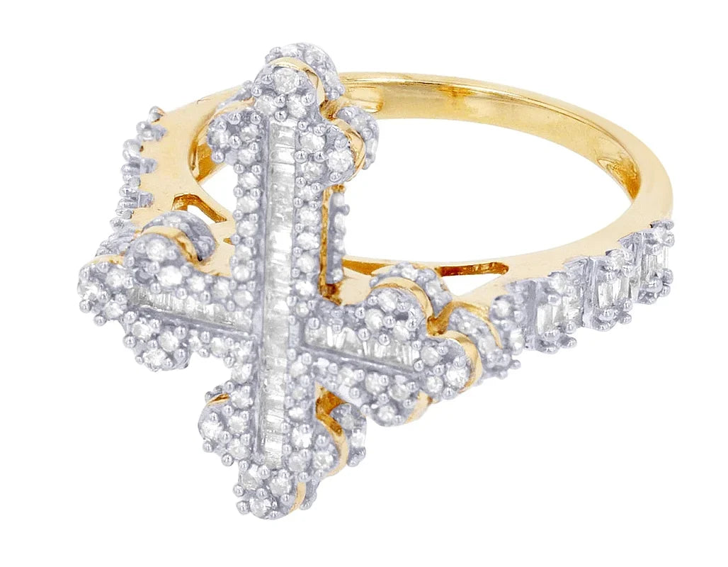 0.875 Ring 10K Baguette Yellow-White Gold Cross CT Diamond