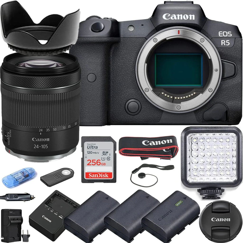 f/4-7.1 R5 RF Camera for IS Lens, Accessories Kit with 256Gb Batteries, 24-105mm LED Canon Light, EOS Card Bundle STM 3 High + Speed Memory Camera Mirrorless