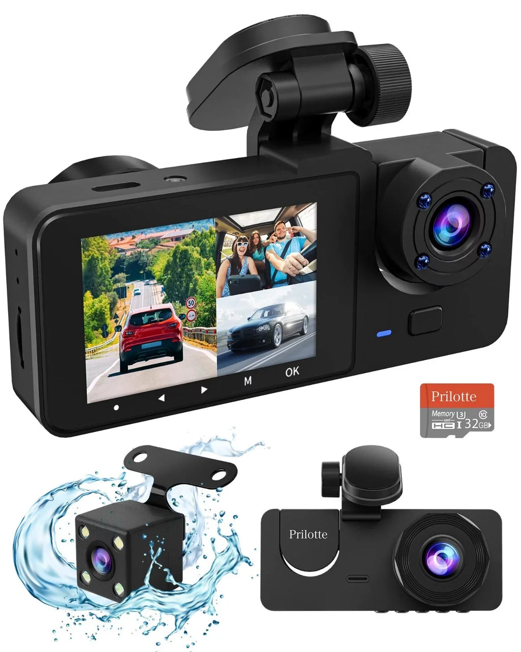 Vision, Rear & Dash Channel Card Cam Monitor, Night Camera, SD 32GB with Inside Front Super 1080P Recording, for Loop Parking Dash 3 Car,