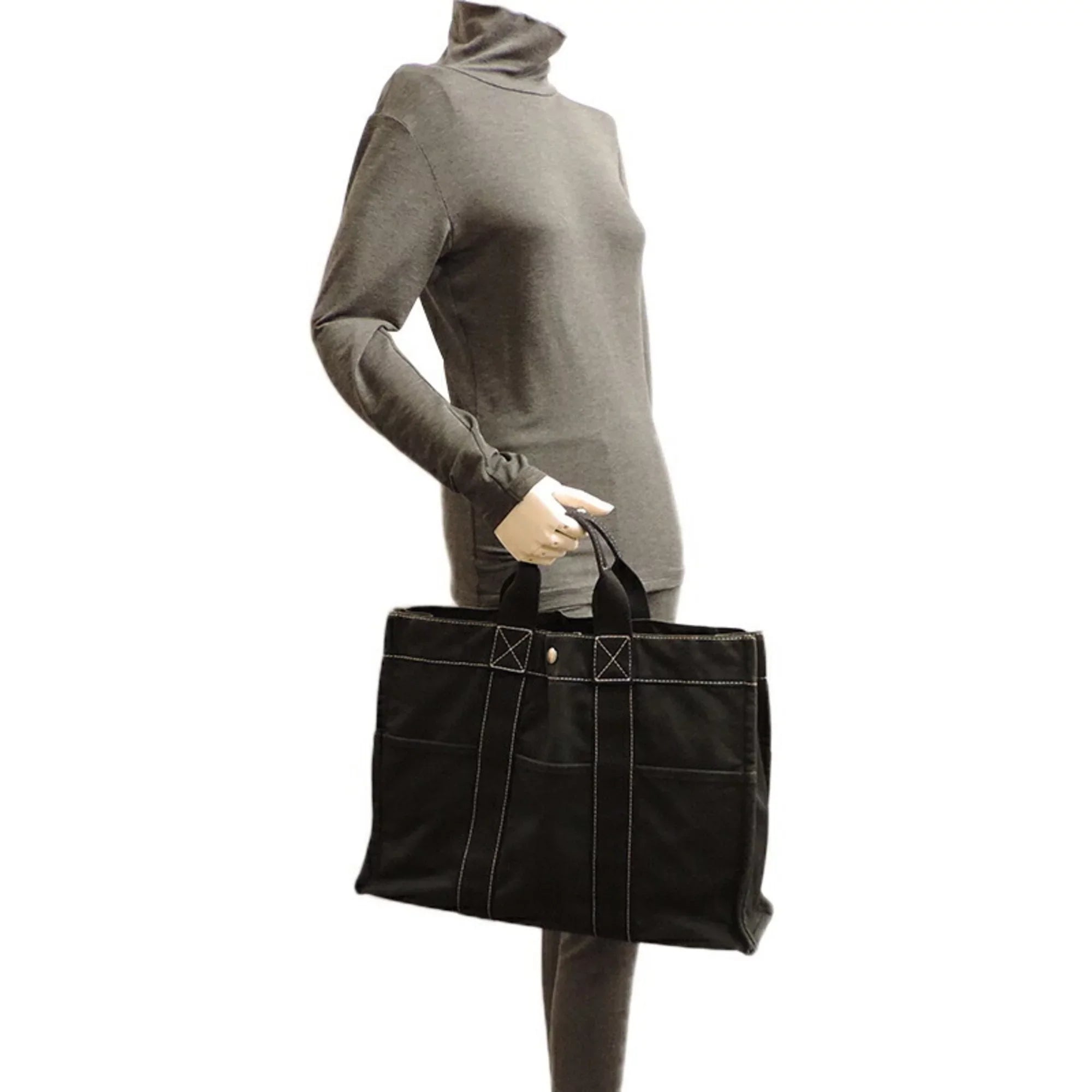 Deauville Cotton Ladies Bag Pre-Owned MM Canvas Black (Fair) Tote Hermes