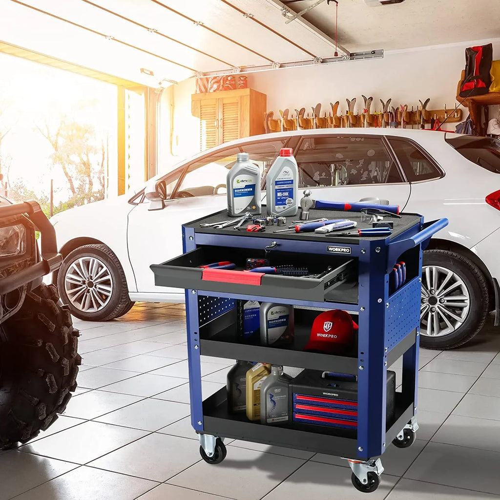 Organizer Duty lbs System, Wheels Cart, Workshop, Tool and Heavy 400 Service Cart with Utility 28" Mechanic, Premium Industrial Storage Load Locking Warehouse, WORKPRO Rolling for 2-Drawer Garage,