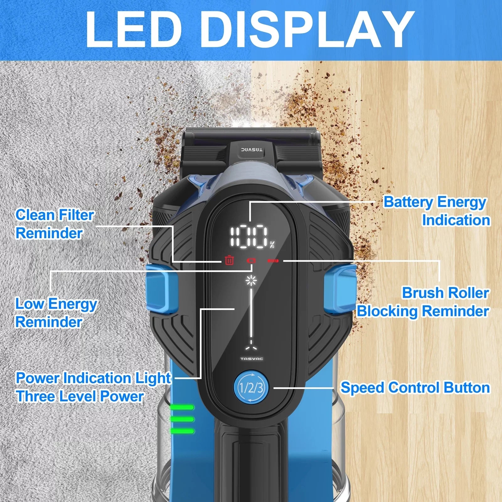 Vacuum 50mins Cleaner TASVAC Cordless to Stick Hair for Floor Up Vacuum Carpet Lightweight Runtime Pet 6-in-1 Cleaner 28kPa